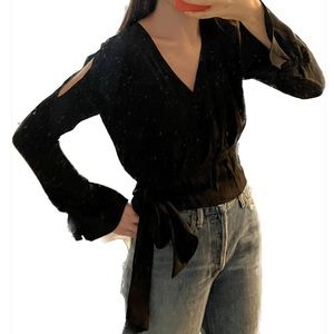 NWT Karina Grimaldi Silk Black Long Sleeve V Neck Blouse, Size M